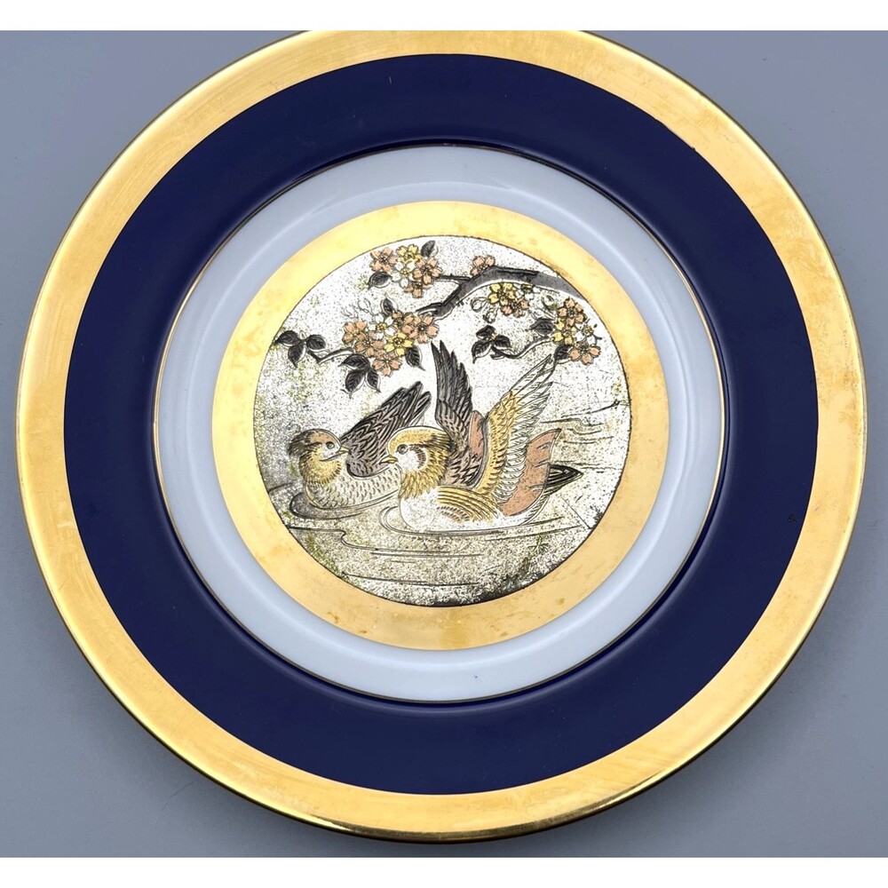 Vtg Art Of Chokin Waterfowl Plate Japan Gold Silver Gilded 6.25" Blue White